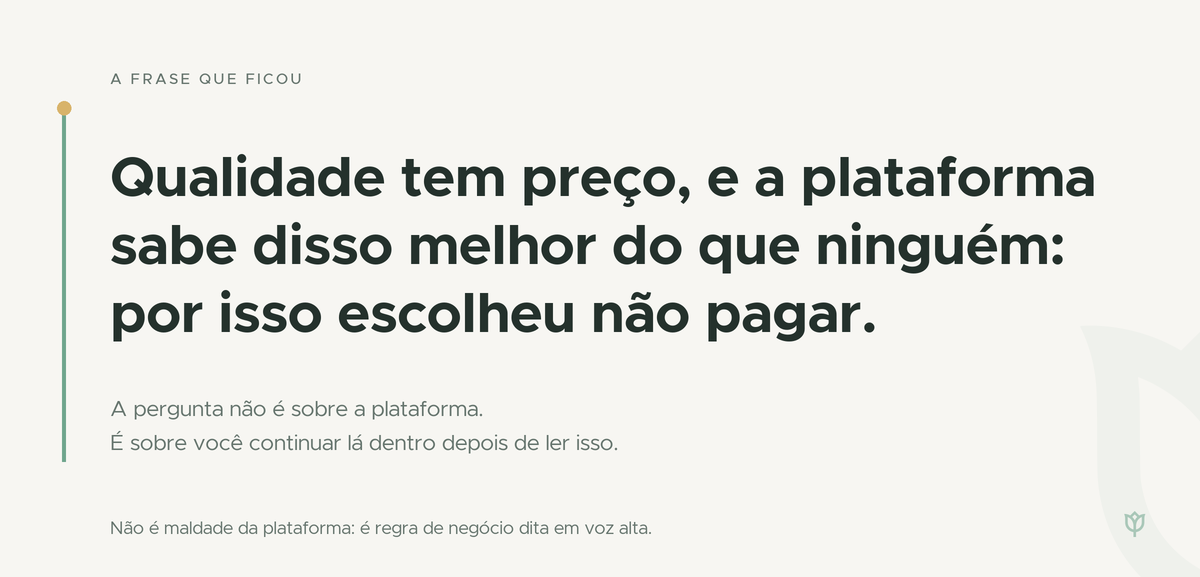 Cartão tipográfico com a frase completa em destaque, Qualidade tem preço, e a plataforma sabe disso melhor do que ninguém: por isso escolheu não pagar, e ao pé a ressalva de que não é maldade da plataforma, é regra de negócio dita em voz alta. Sem nome de empresa e sem nome de pessoa.
